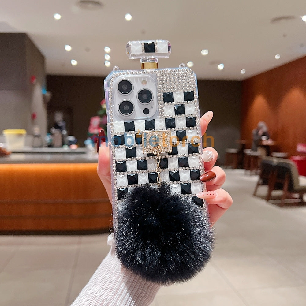 Rehinestone Perfume Bottle Phone Case with Pom Pom Charm and Sling - iPhone 13 Pro Max