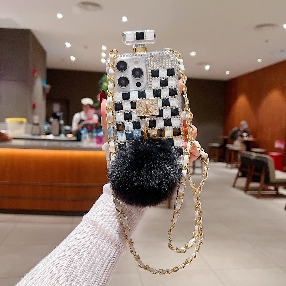 Rehinestone Perfume Bottle Phone Case with Pom Pom Charm and Sling - iPhone 13 Pro Max