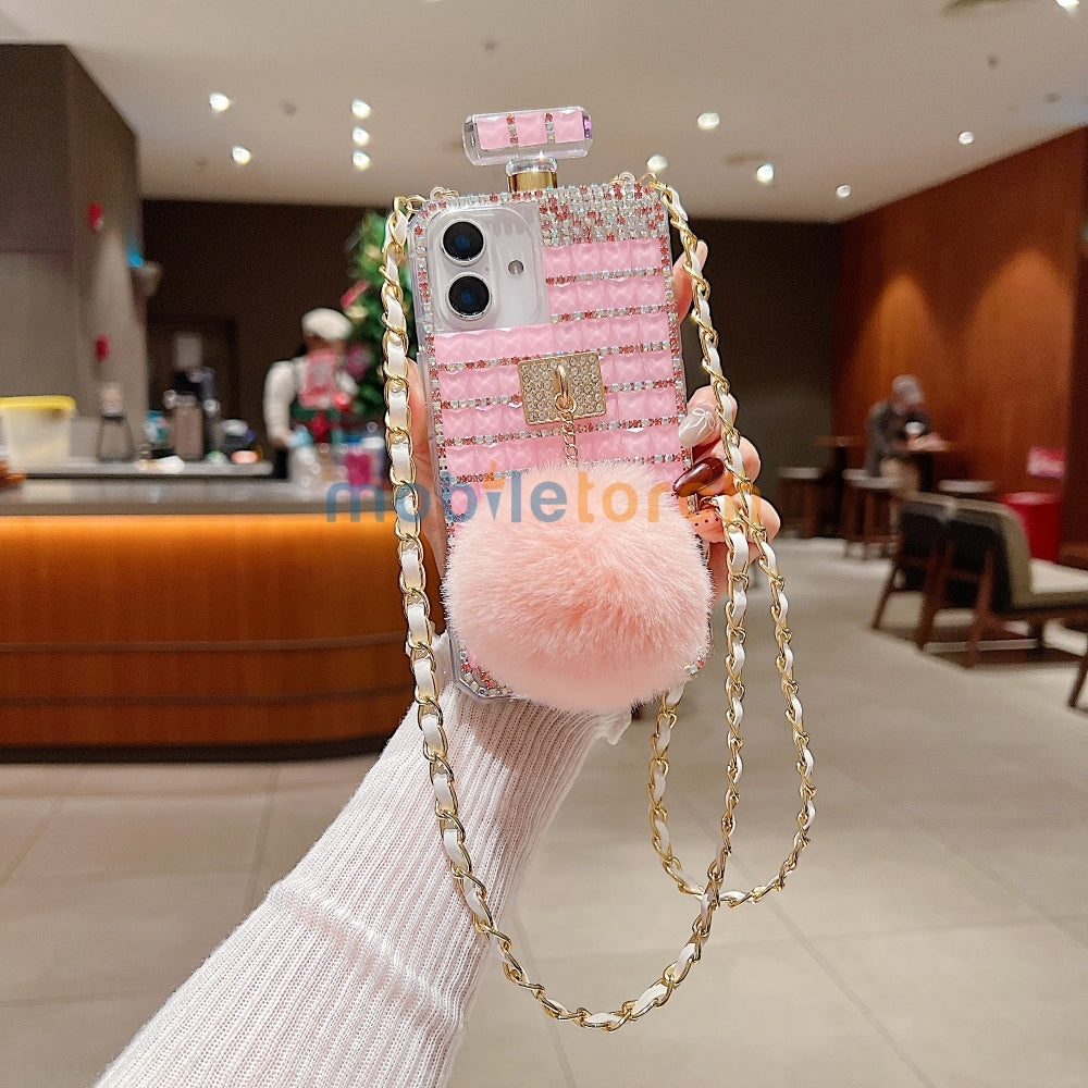 Rehinestone Perfume Bottle Phone Case with Pom Pom Charm and Sling - iPhone 13 Pro Max