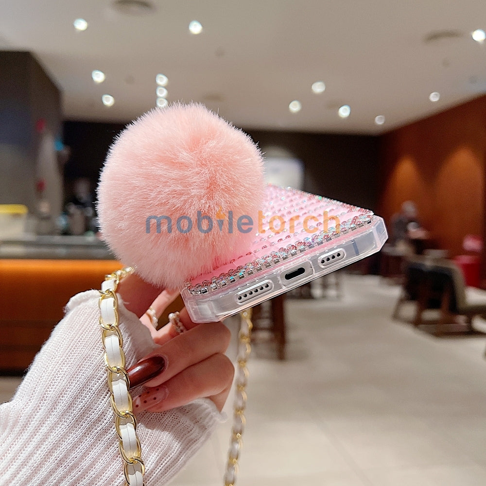 Rehinestone Perfume Bottle Phone Case with Pom Pom Charm and Sling - iPhone 13 Pro Max