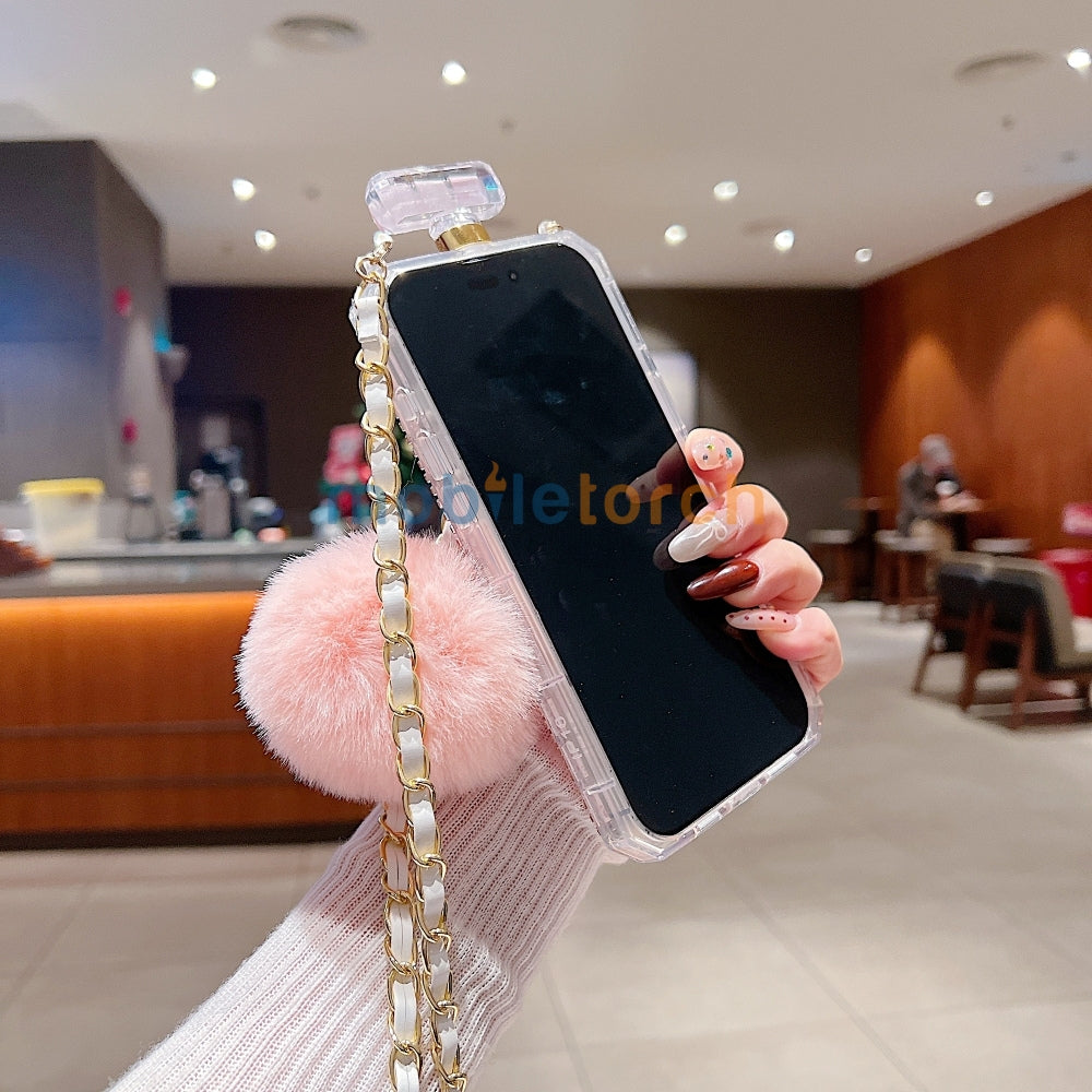 Rehinestone Perfume Bottle Phone Case with Pom Pom Charm and Sling - iPhone 13 Pro Max
