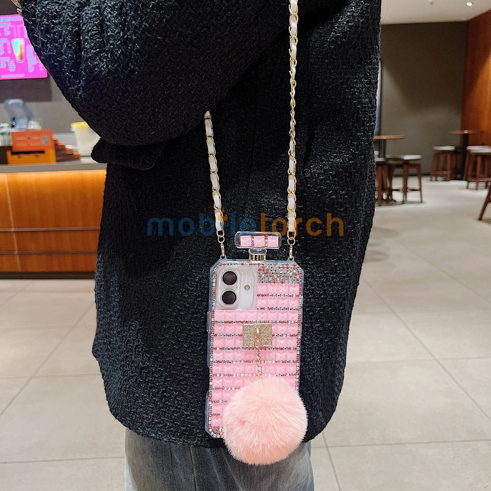 Rehinestone Perfume Bottle Phone Case with Pom Pom Charm and Sling - iPhone 13 Pro Max