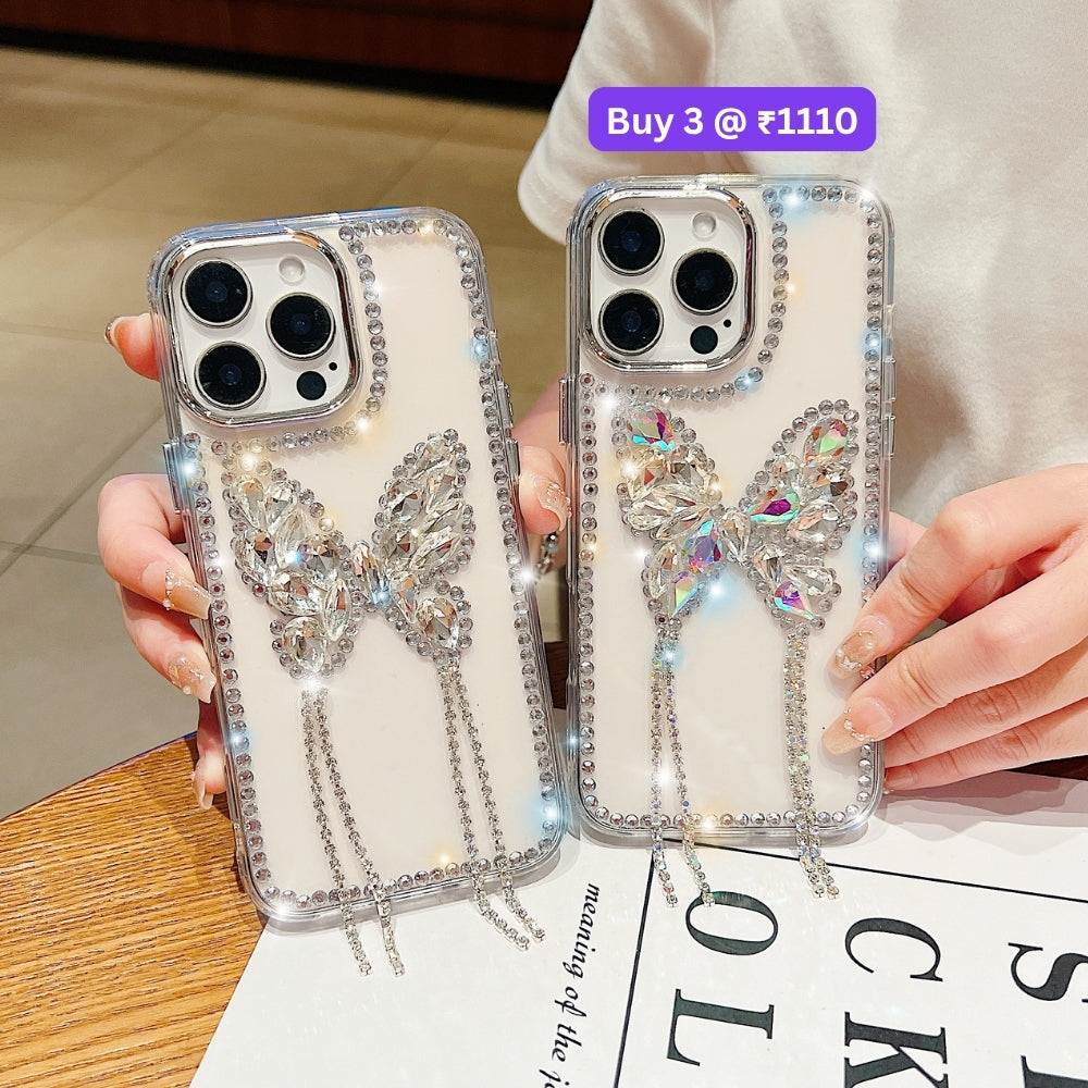 Rhinestone Butterfly Stone Transparent TPU (Soft) Phone Case | Mobile Cover - iPhone 15