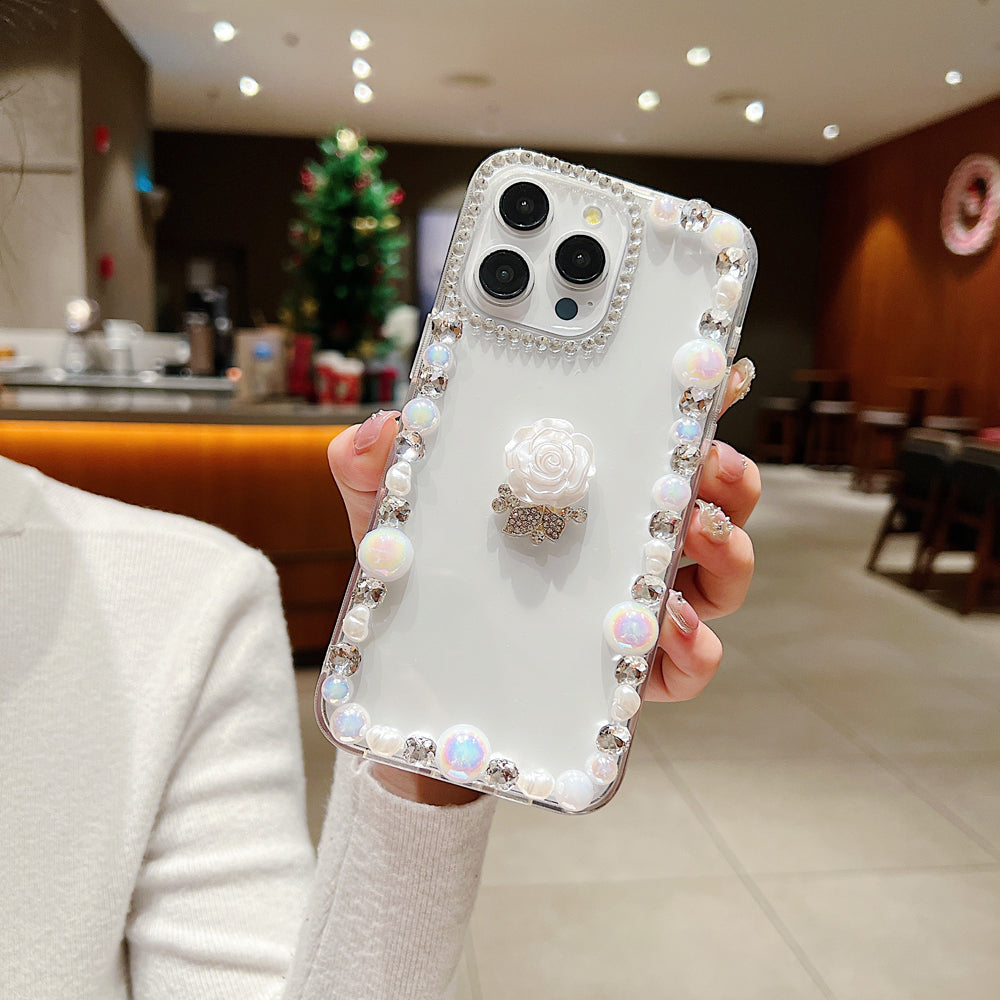 Rose Flower Bling Diamond and Pearl Border Transparent Phone Case - iPhone 15 Plus