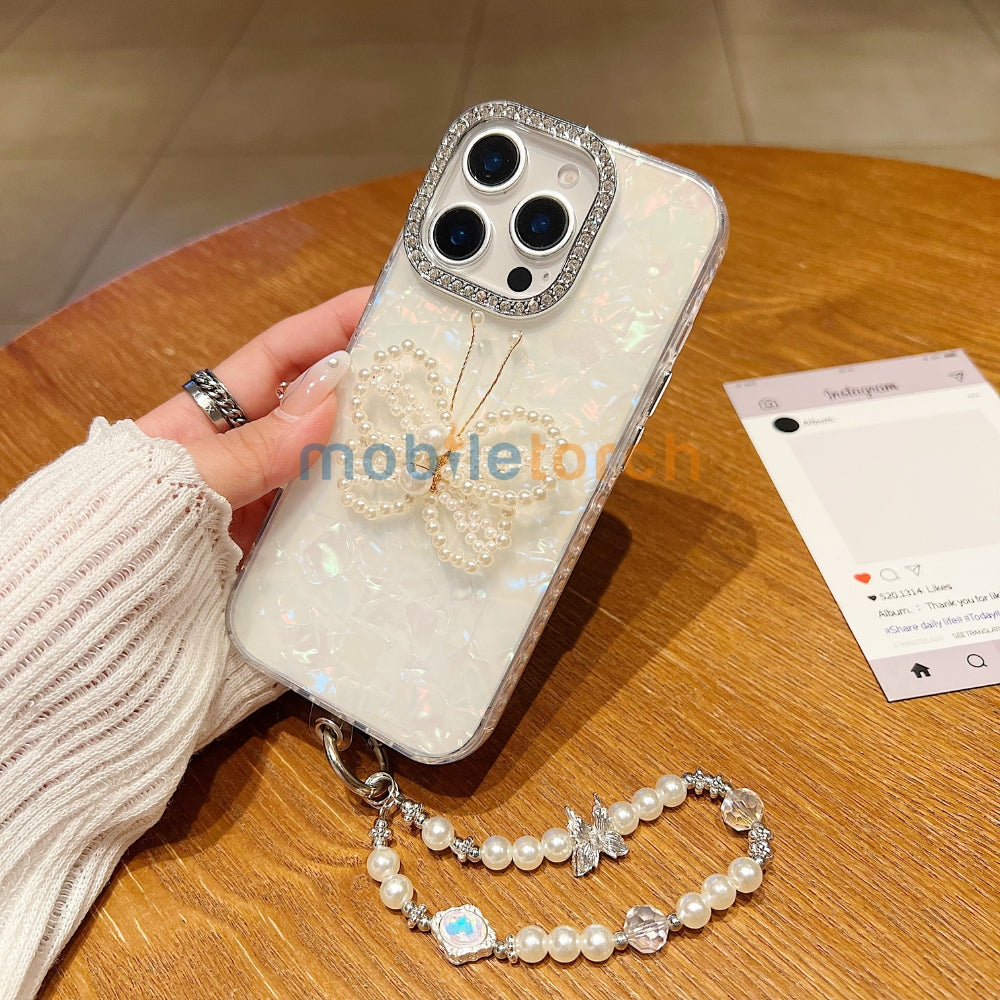 Shining Colorful Clear Pearl Butterfly Phone Case | Mobile Case with Bracelet - iPhone 14 Pro Max