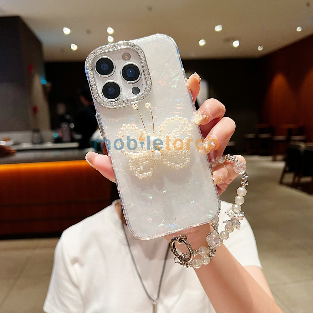 Shining Colorful Clear Pearl Butterfly Phone Case | Mobile Case with Bracelet - iPhone 16 Pro