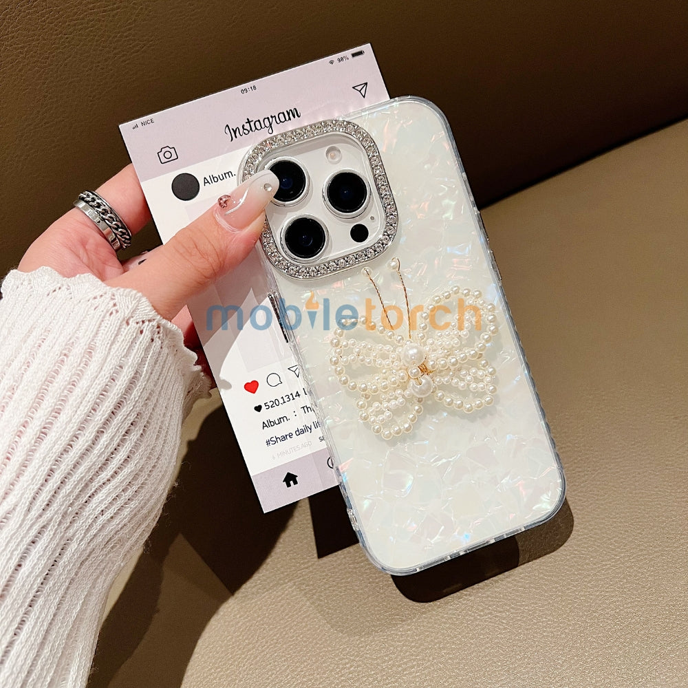 Shining Colorful Clear Pearl Butterfly Phone Case | Mobile Case with Bracelet - iPhone 14 Pro Max