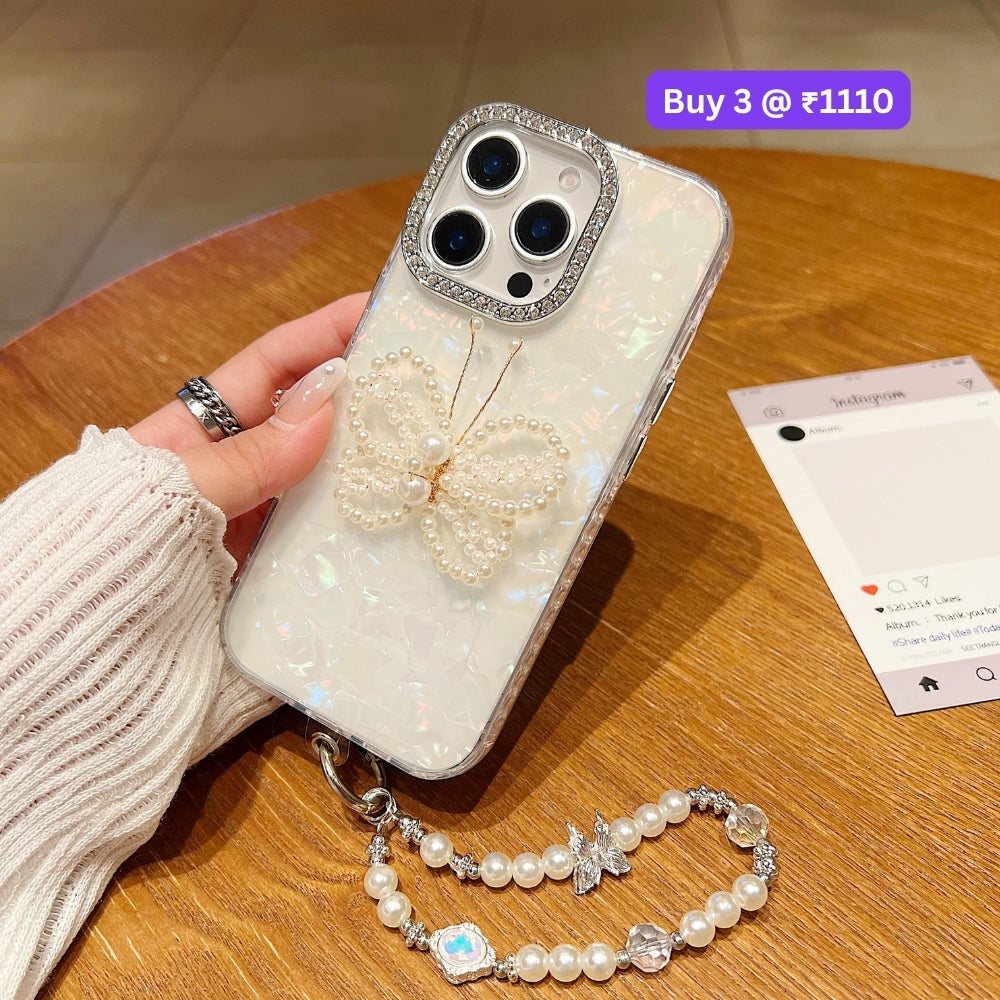 Shining Colorful Clear Pearl Butterfly Phone Case | Mobile Case with Bracelet - iPhone 15 Plus