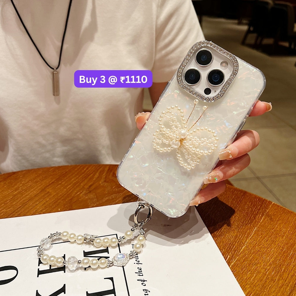Shining Colorful Clear Pearl Butterfly Phone Case | Mobile Case with Bracelet - iPhone 15 Plus