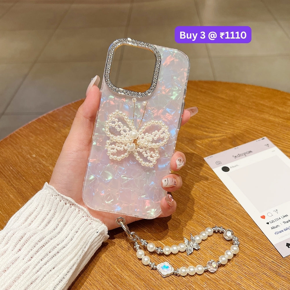Shining Colorful Clear Pearl Butterfly Phone Case | Mobile Case with Bracelet - iPhone 15 Plus