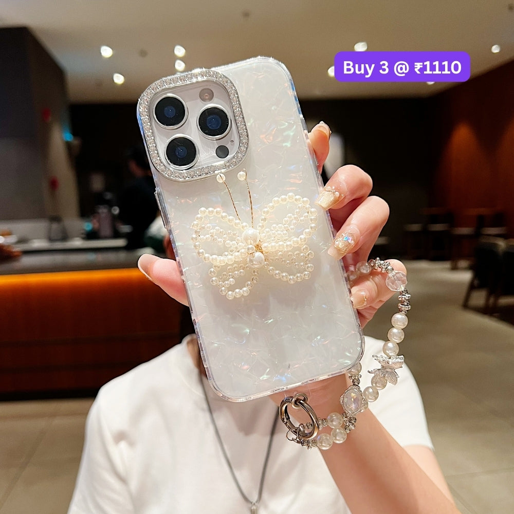 Shining Colorful Clear Pearl Butterfly Phone Case | Mobile Case with Bracelet - iPhone 15 Plus