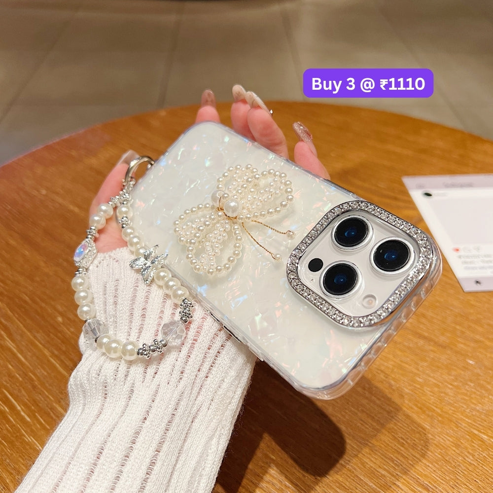 Shining Colorful Clear Pearl Butterfly Phone Case | Mobile Case with Bracelet - iPhone 15 Plus