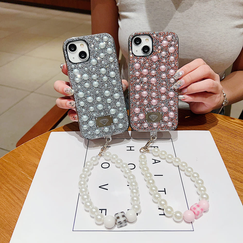 Shockproof Bling Pearl Phone Case With Pearl Bracelet