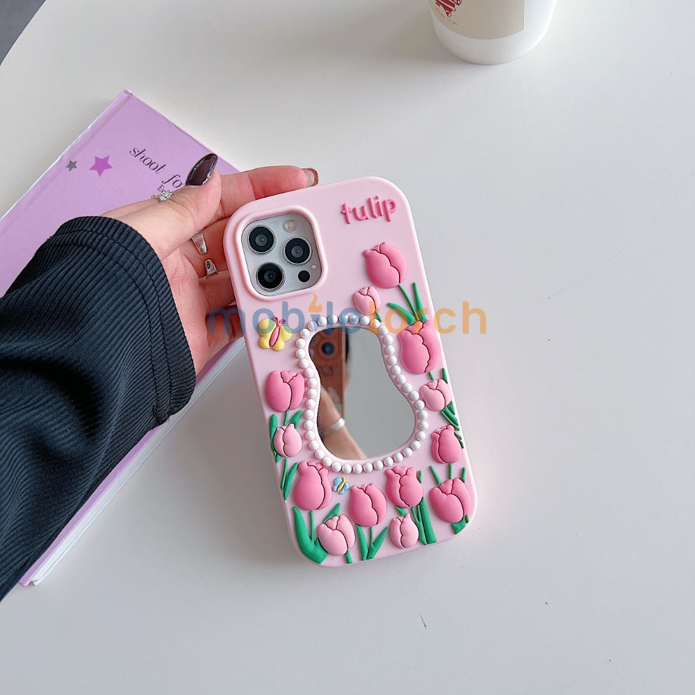 Silicone Tulip Embossed Pearl Mirror Phone Case - iPhone 14 Pro Max