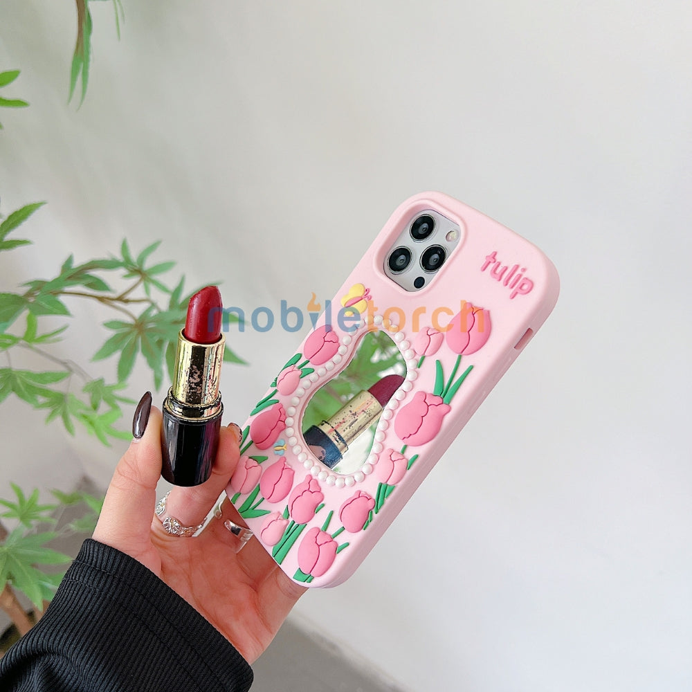 Silicone Tulip Embossed Pearl Mirror Phone Case - iPhone 14 Pro Max