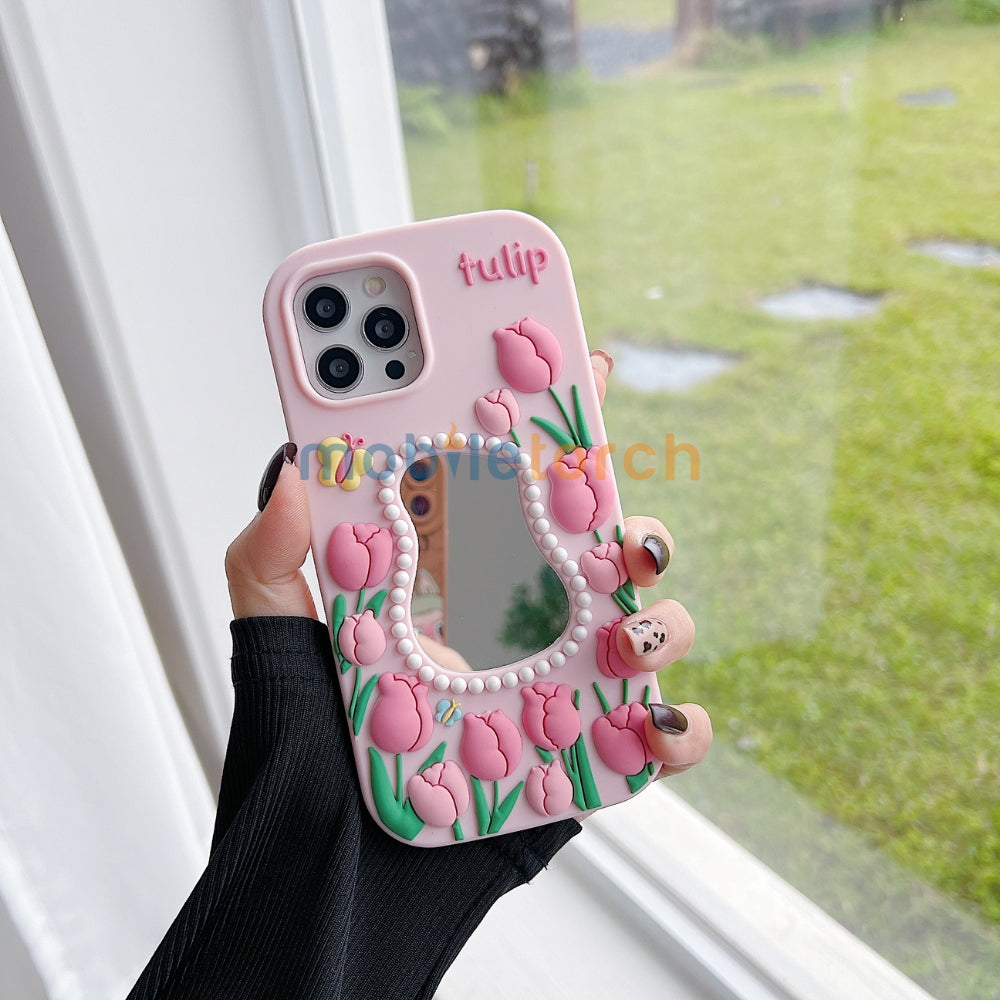 Silicone Tulip Embossed Pearl Mirror Phone Case - iPhone 14 Pro Max