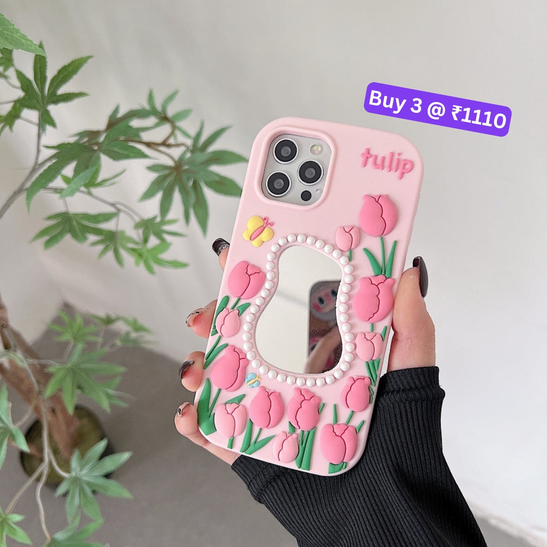 Silicone Tulip Embossed Pearl Mirror Phone Case - iPhone 12