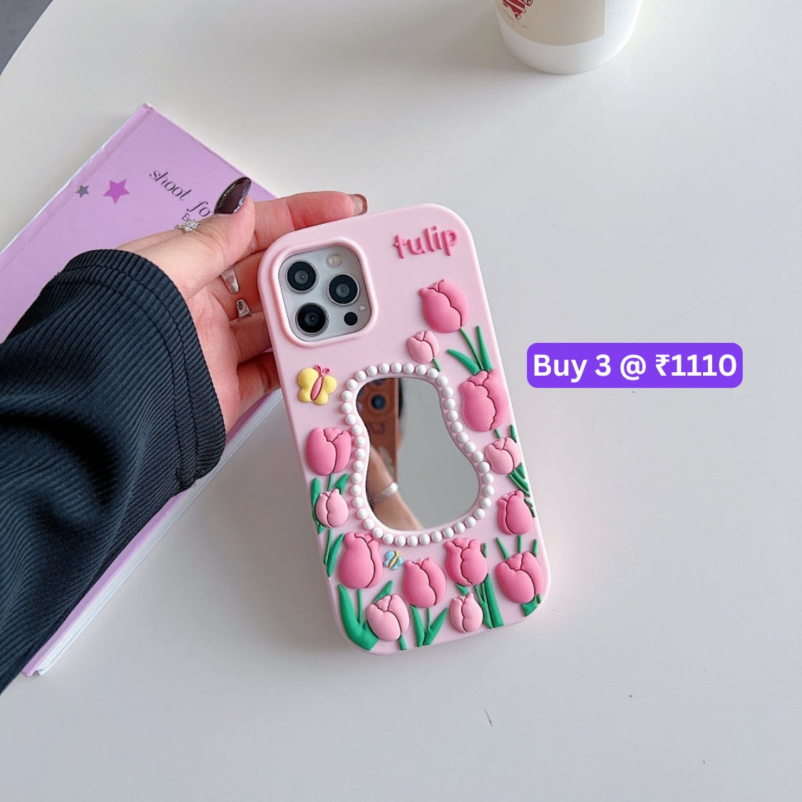 Silicone Tulip Embossed Pearl Mirror Phone Case - iPhone 12
