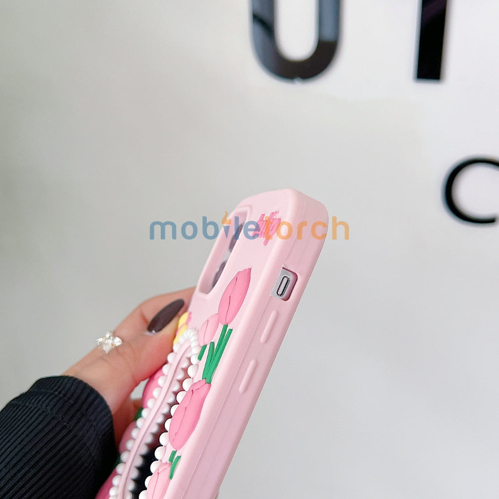 Silicone Tulip Embossed Pearl Mirror Phone Case - iPhone 14 Pro Max