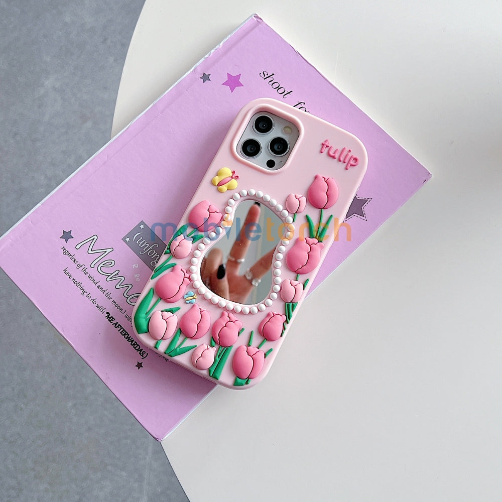 Silicone Tulip Embossed Pearl Mirror Phone Case - iPhone 14 Pro Max
