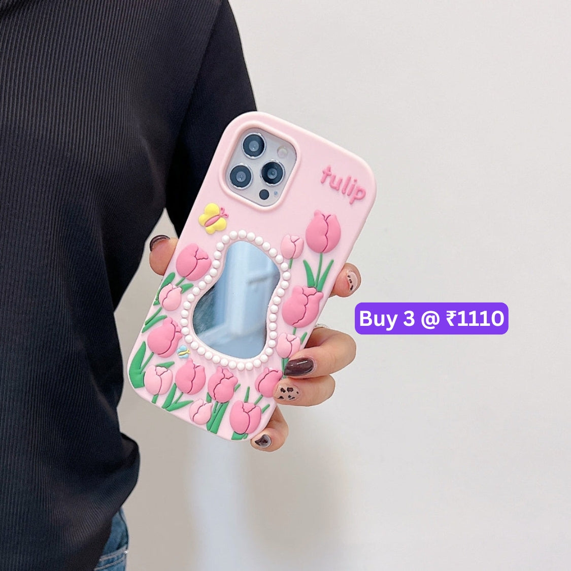 Silicone Tulip Embossed Pearl Mirror Phone Case - iPhone 12