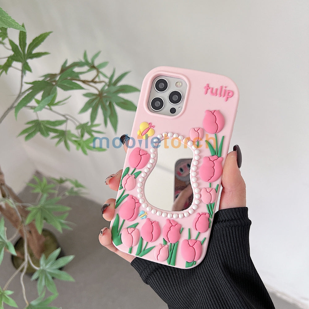 Silicone Tulip Embossed Pearl Mirror Phone Case - iPhone 12 Pro