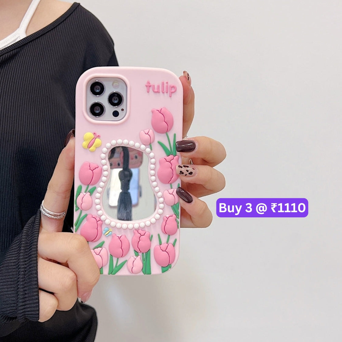 Silicone Tulip Embossed Pearl Mirror Phone Case - iPhone 12