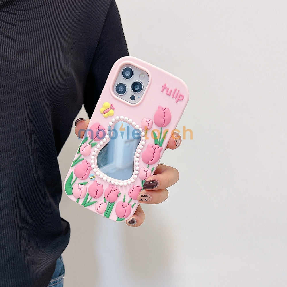 Silicone Tulip Embossed Pearl Mirror Phone Case - iPhone 12 Pro