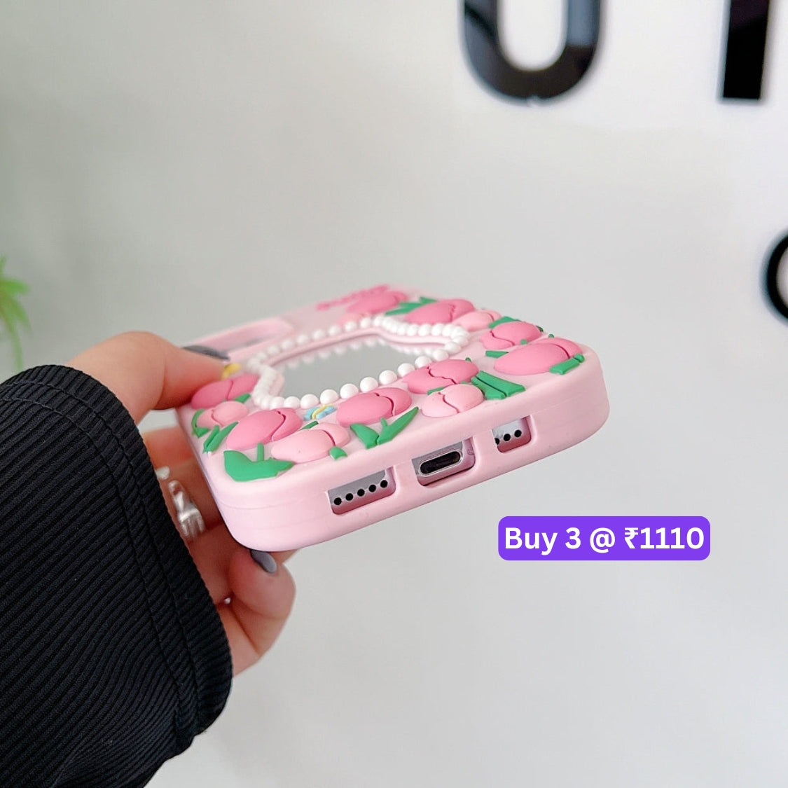 Silicone Tulip Embossed Pearl Mirror Phone Case - iPhone 12