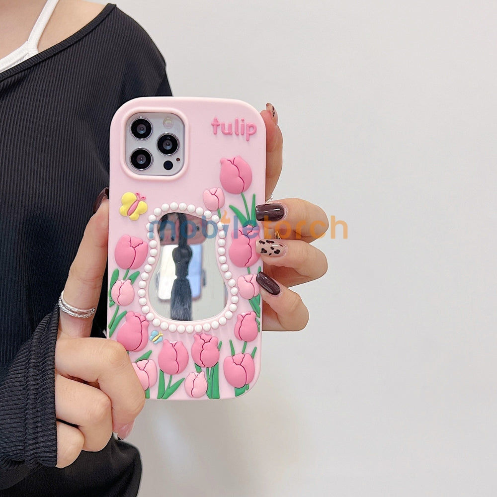 Silicone Tulip Embossed Pearl Mirror Phone Case - iPhone 14 Pro Max