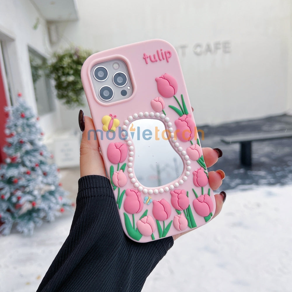 Silicone Tulip Embossed Pearl Mirror Phone Case - iPhone 14 Pro Max