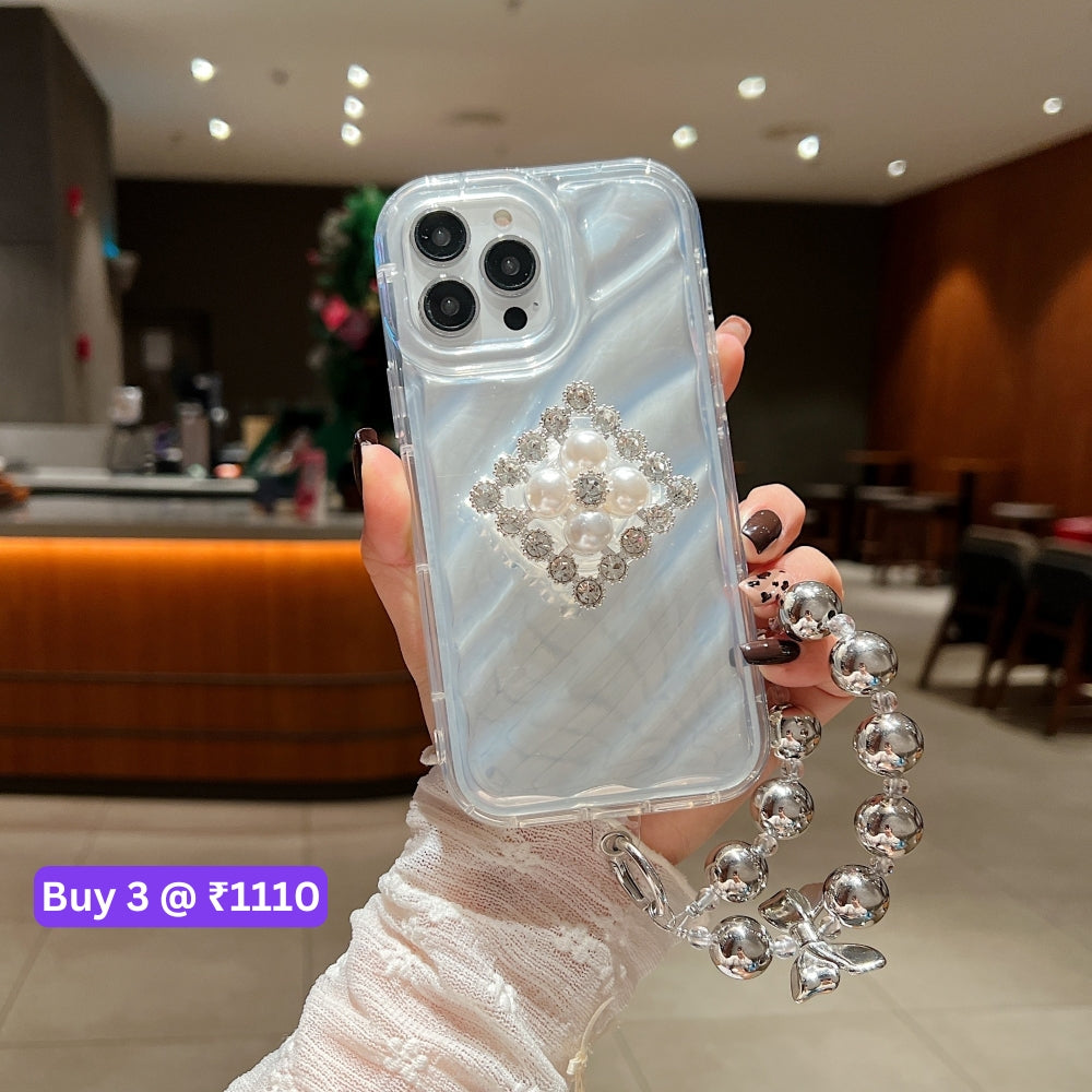 Silver Wrinkles Transparent Phone Case With Beads Bracelet And Pearl Holder - iPhone 14 Pro