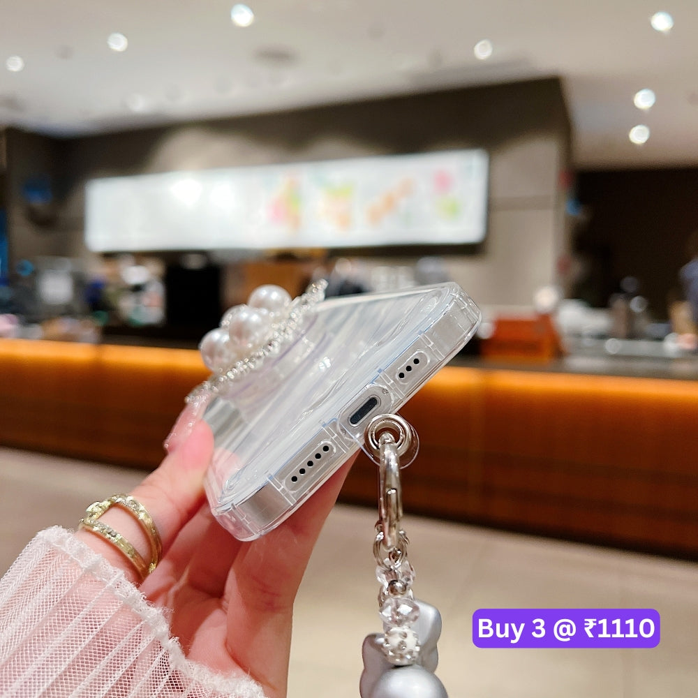 Silver Wrinkles Transparent Phone Case With Beads Bracelet And Pearl Holder - iPhone 14 Pro