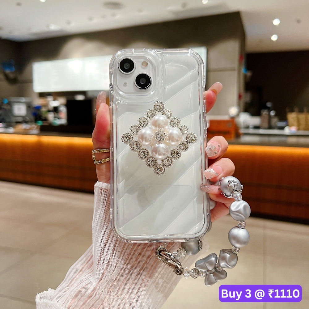 Silver Wrinkles Transparent Phone Case With Beads Bracelet And Pearl Holder - iPhone 14 Pro