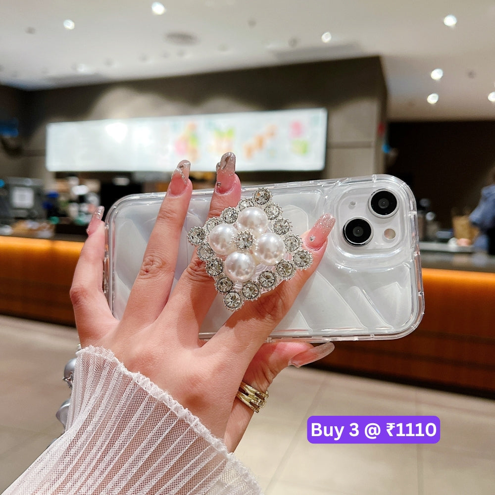 Silver Wrinkles Transparent Phone Case With Beads Bracelet And Pearl Holder - iPhone 14 Pro