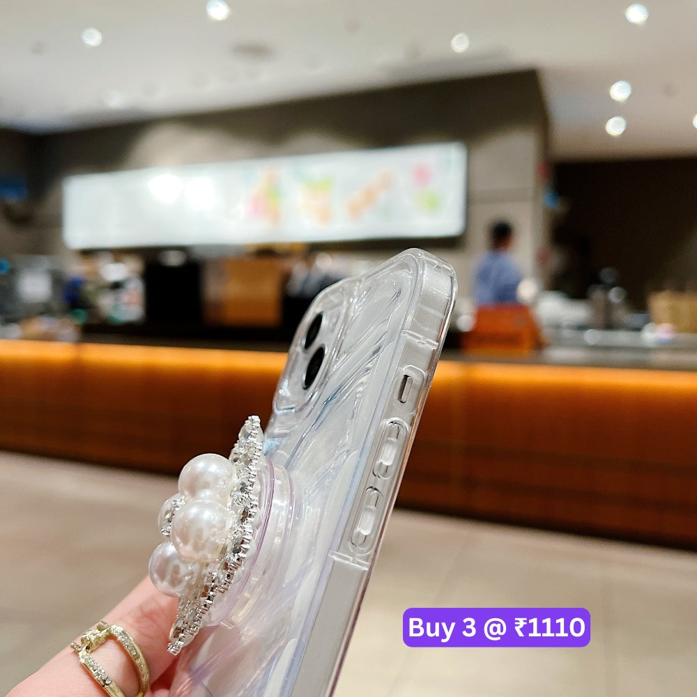 Silver Wrinkles Transparent Phone Case With Beads Bracelet And Pearl Holder - iPhone 14 Pro