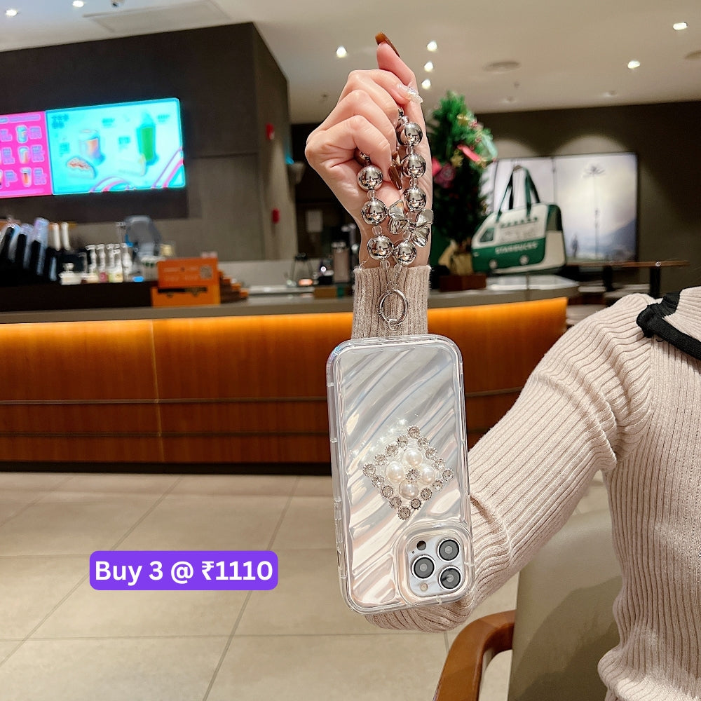 Silver Wrinkles Transparent Phone Case With Beads Bracelet And Pearl Holder - iPhone 14 Pro