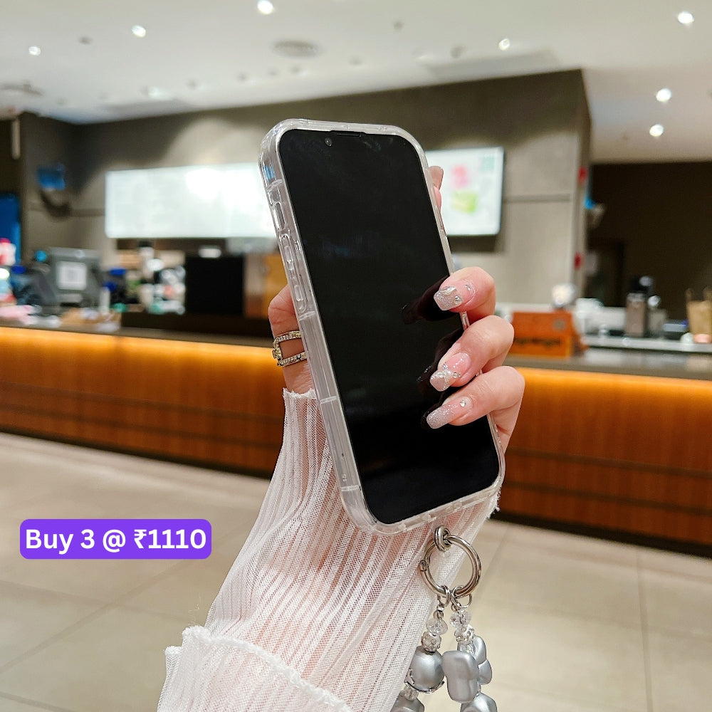Silver Wrinkles Transparent Phone Case With Beads Bracelet And Pearl Holder - iPhone 14 Pro