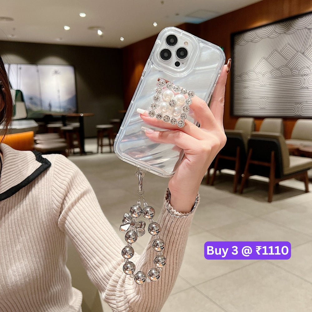 Silver Wrinkles Transparent Phone Case With Beads Bracelet And Pearl Holder - iPhone 14 Pro