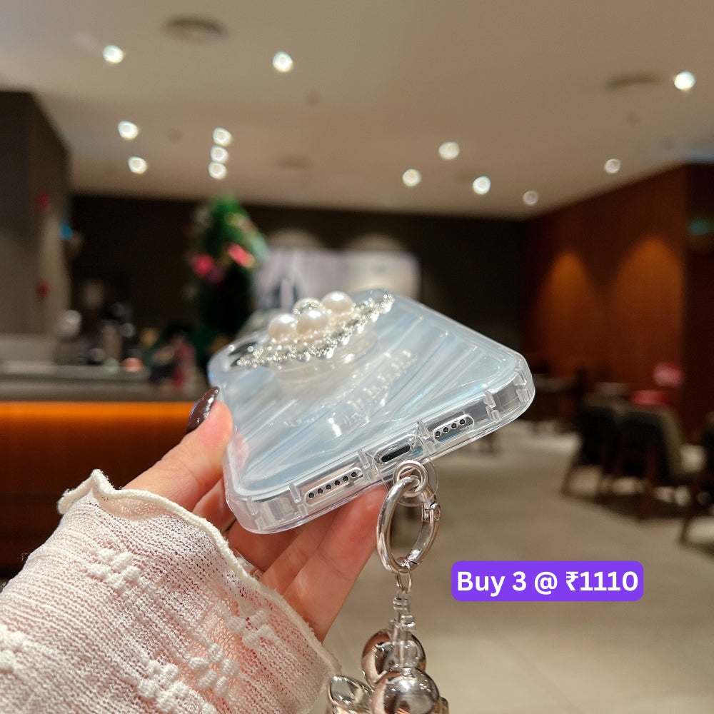 Silver Wrinkles Transparent Phone Case With Beads Bracelet And Pearl Holder - iPhone 14 Pro