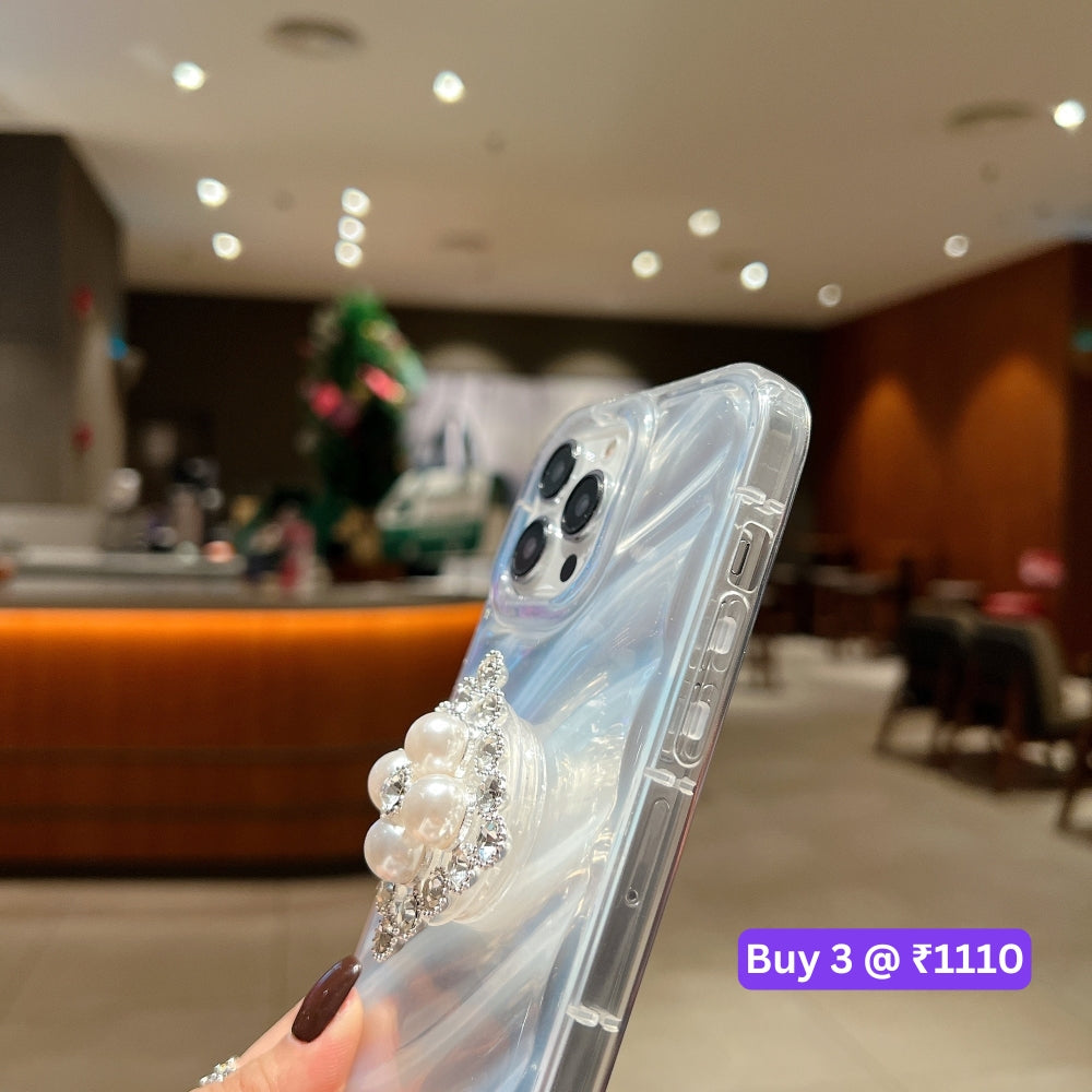 Silver Wrinkles Transparent Phone Case With Beads Bracelet And Pearl Holder - iPhone 14 Pro