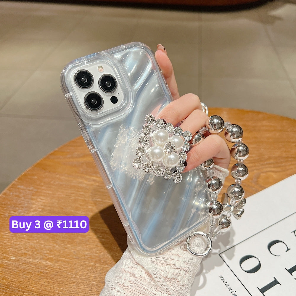 Silver Wrinkles Transparent Phone Case With Beads Bracelet And Pearl Holder - iPhone 14 Pro