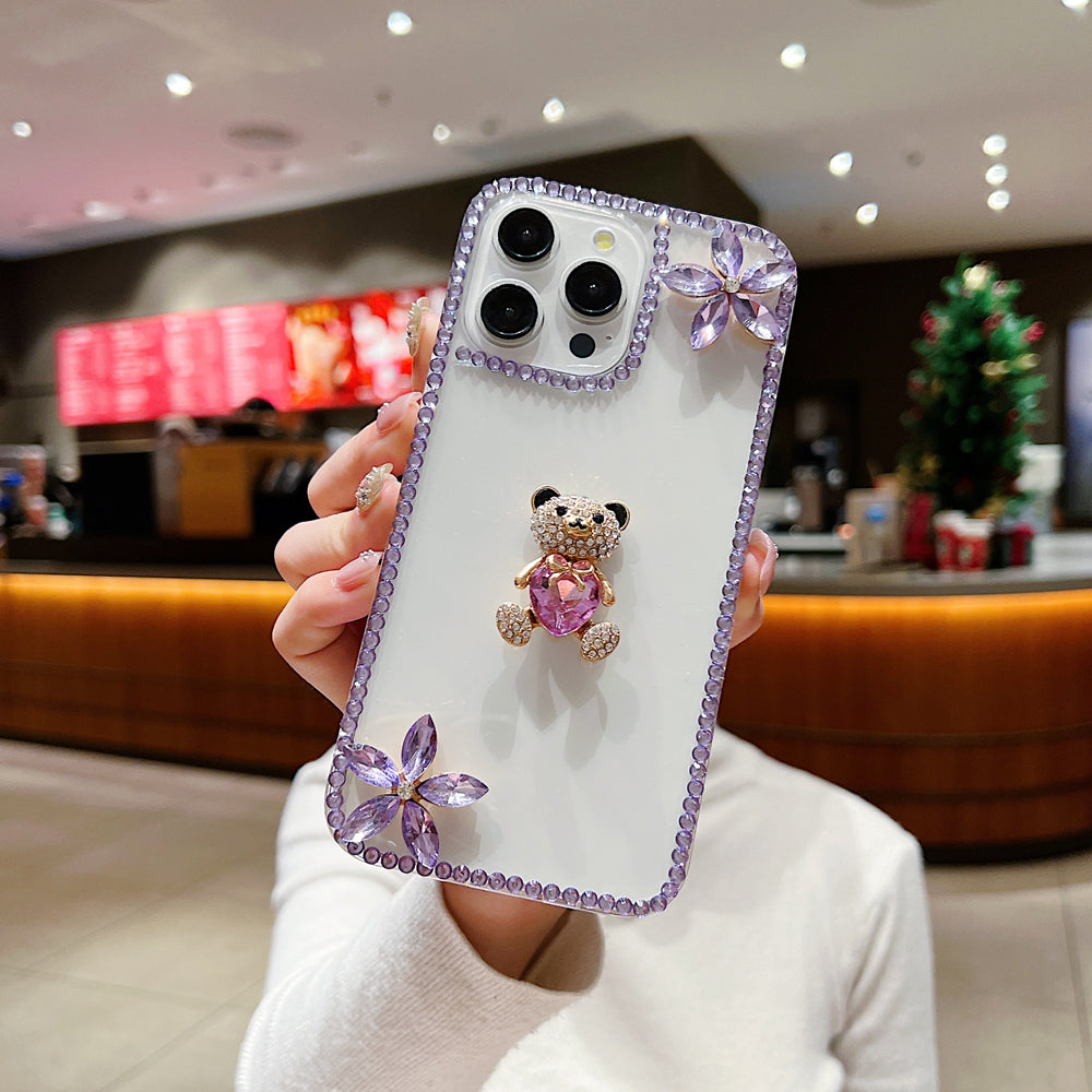 Crystal Stone Bear Heart Bling Flower Transparent Phone Case - Samsung S24 Ultra