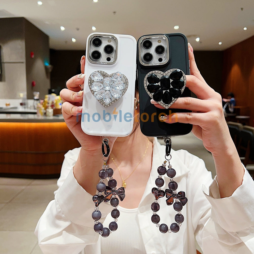 Stone Heart Shape Stand Silicone Soft Phone Case with Bracelet - iPhone 13 Pro Max