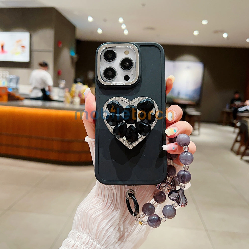 Stone Heart Shape Stand Silicone Soft Phone Case with Bracelet - iPhone 13 Pro Max