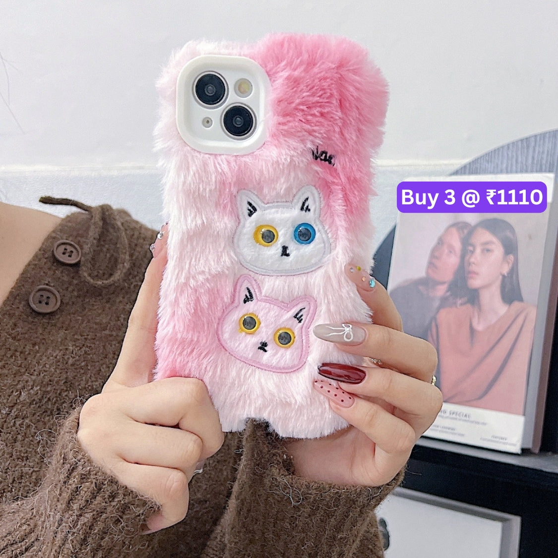 Warm Fluffy Furry Cat Embroided Camera Protection Phone Case - iPhone 16