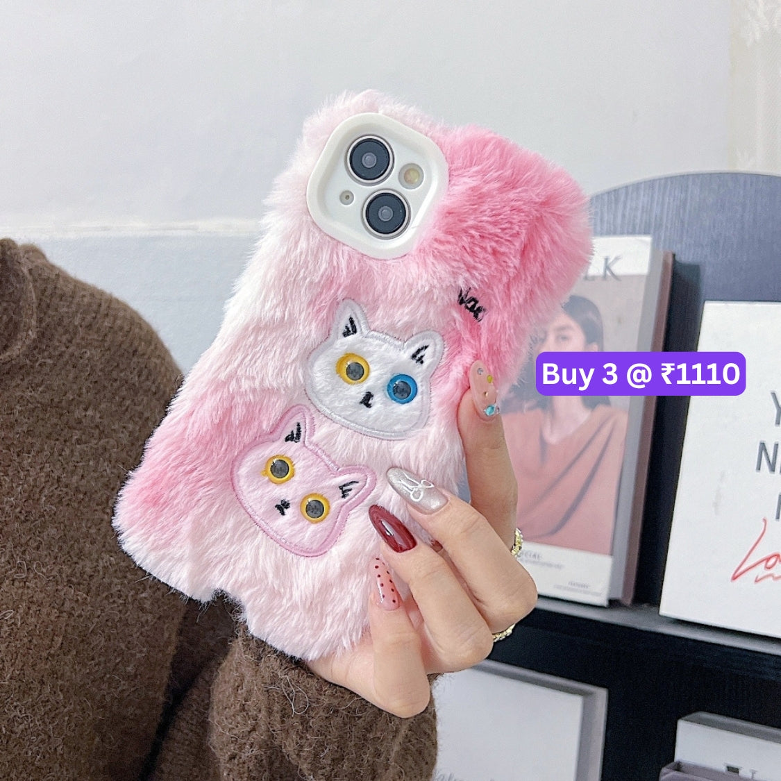 Warm Fluffy Furry Cat Embroided Camera Protection Phone Case - iPhone 16