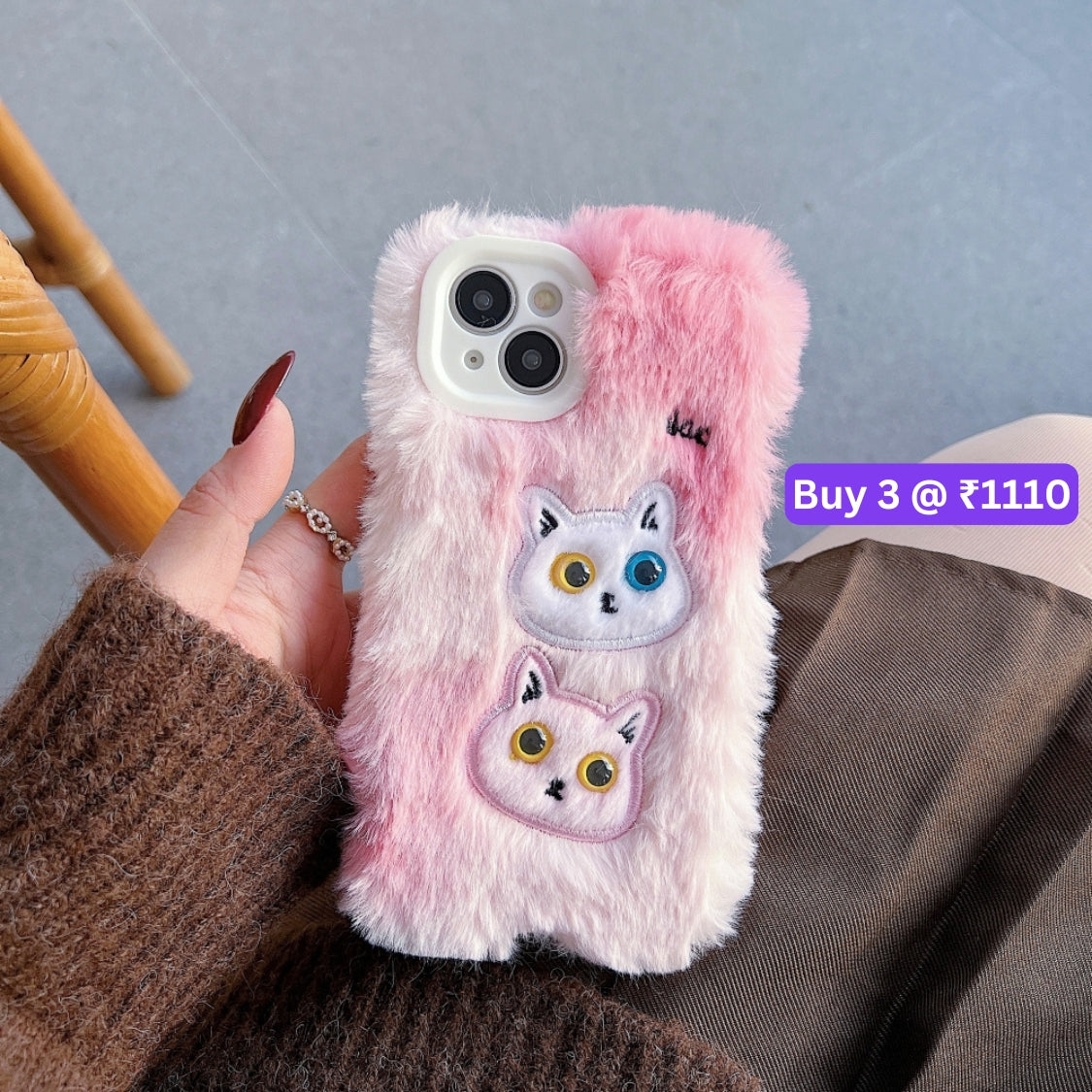 Warm Fluffy Furry Cat Embroided Camera Protection Phone Case - iPhone 16