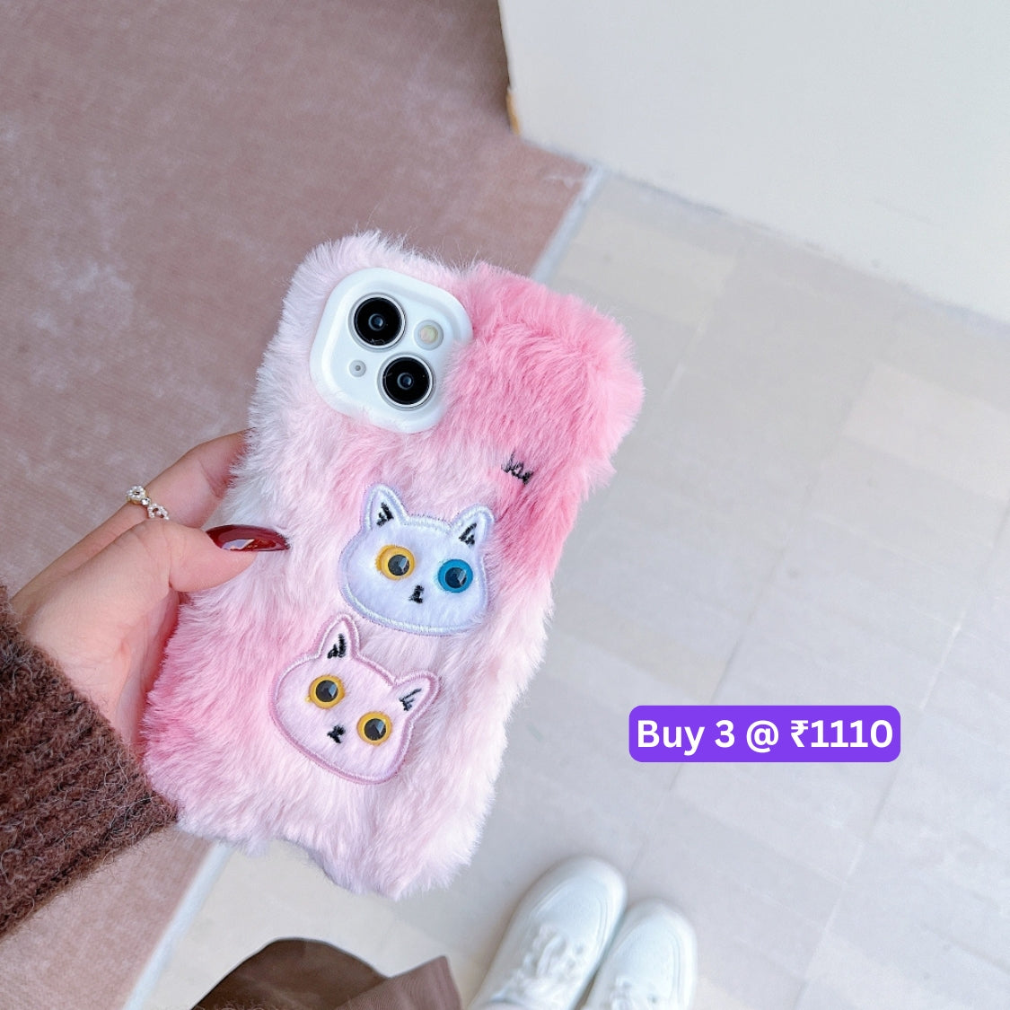 Warm Fluffy Furry Cat Embroided Camera Protection Phone Case - iPhone 16