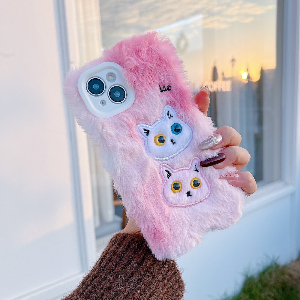 Warm Fluffy Furry Cat Embroided Camera Protection Phone Case - iPhone 15 Pro